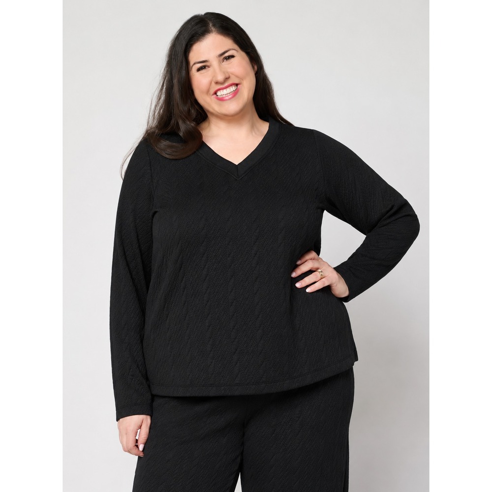 Belle by Kim Gravel Cable Chic V Neck Textured Top Black, X-Large